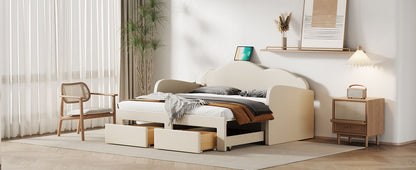 Twin Size Upholstered Daybed With Cloud-Shaped Backrest, Trundle & 2 Drawers And USB Ports - Beige