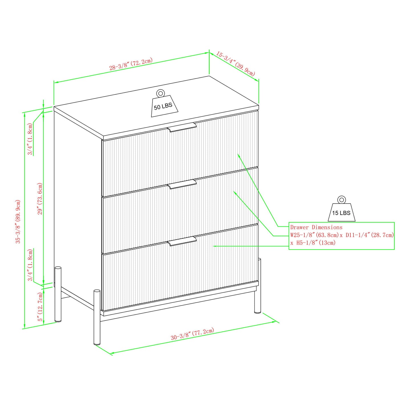 Mid-Century 3 Drawer Chest With Reeded Drawer Fronts - Mocha