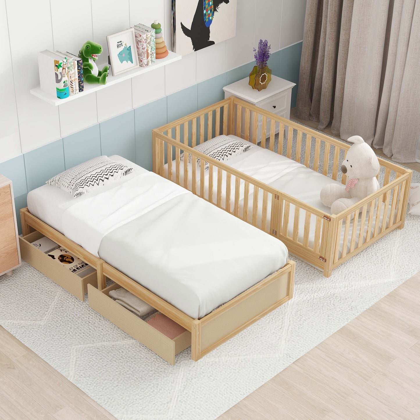 Twin Size Daybed With Fence Guardrails And 2 Drawers, Versatile Split Floor Bed & Daybed - Natural