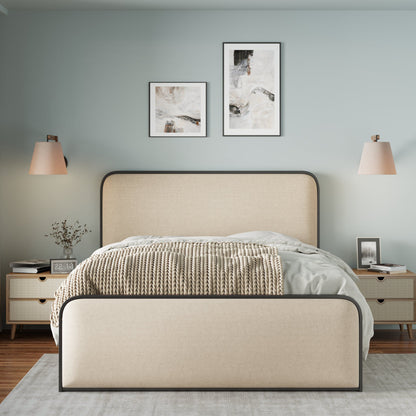 Modern Metal Bed Frame With Curved Upholstered Headboard And Footboard Bed With Under Bed Storage, Heavy Duty Metal Slats, King Size - Beige