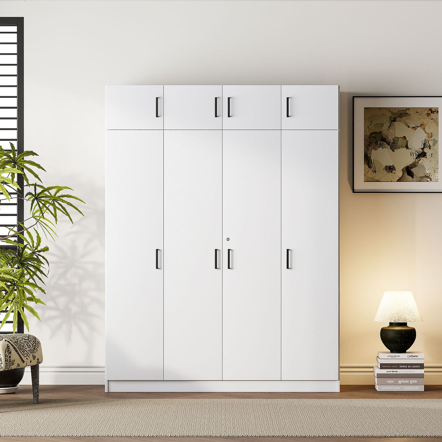 Contemporary 4 Door Wardrobe With Drawer And Top Cabinet - White