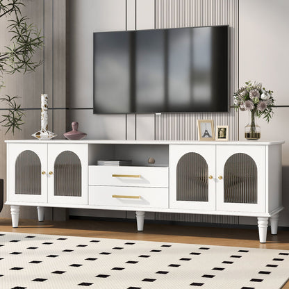 Retro TV Stand For TVs Up To 75", Entertainment Center Media Console With Fluted Glass Doors And 5 Solid Wood Legs For Living Room - White