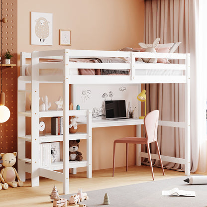 Twin Size Loft Bed With Shelves, Desk And Writing Board - White