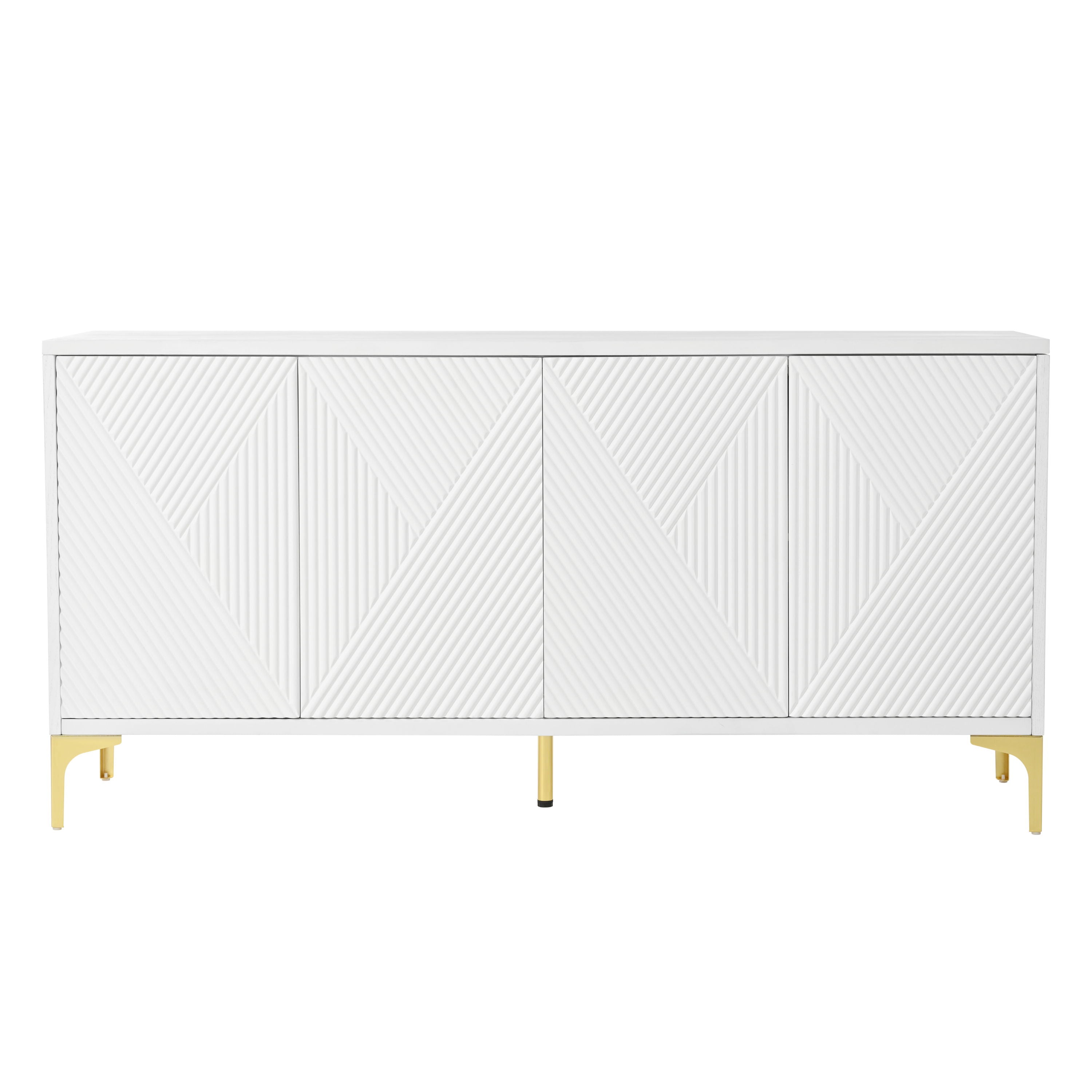 Modern Wood Sideboard Cabinet With Carved Door Panels, Adjustable Shelves, And Sturdy Metal Legs - White
