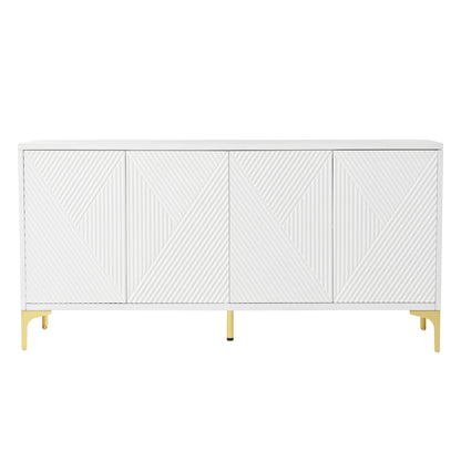 Modern Wood Sideboard Cabinet With Carved Door Panels, Adjustable Shelves, And Sturdy Metal Legs - White