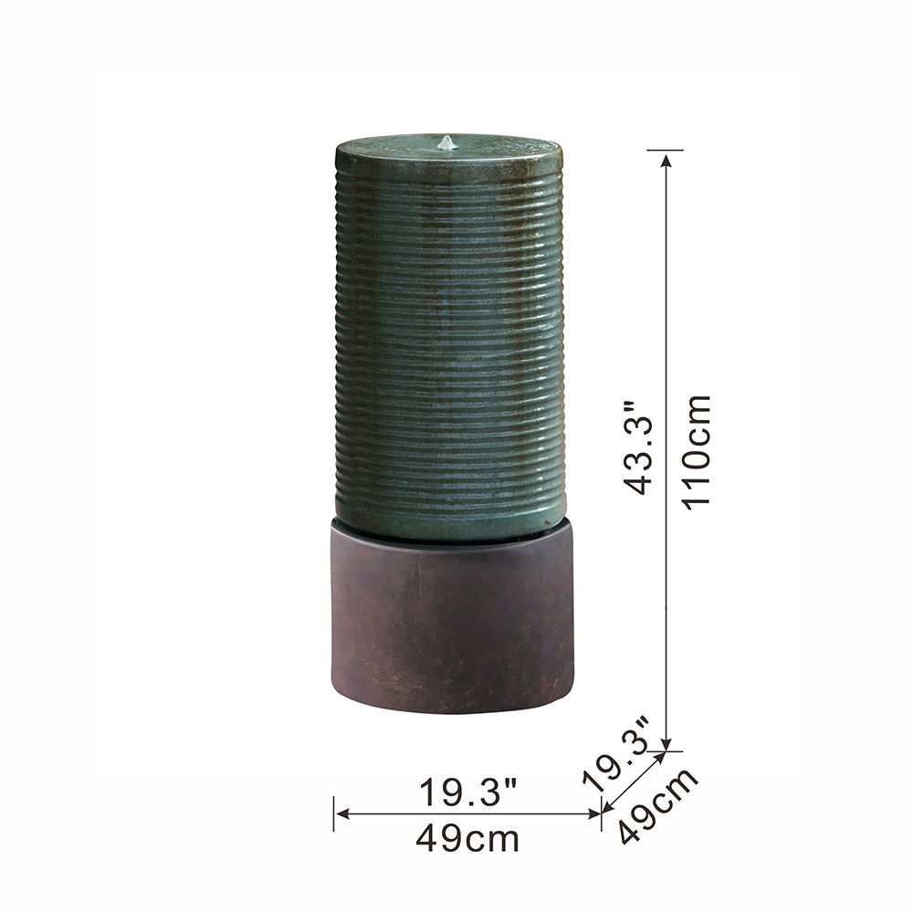Tall Large Modern Cylinder Ribbed Tower Water Fountain With Rustic Base, Contemporary Antique Green Copper Outdoor Bird Feeder / Bath Cement Fountain - Antique Green