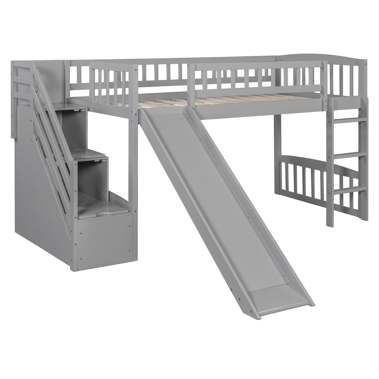 Twin Size Loft Stairway Bed With 2 Drawers And Slide - Gray