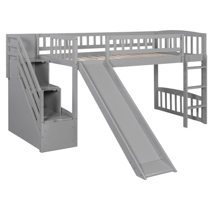Twin Size Loft Stairway Bed With 2 Drawers And Slide - Gray