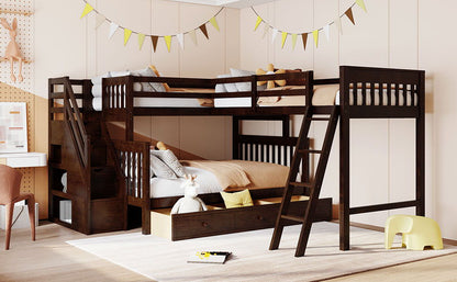 Twin Over Full L Shaped Bunk Bed With 3 Drawers, Ladder And Staircase - Espresso