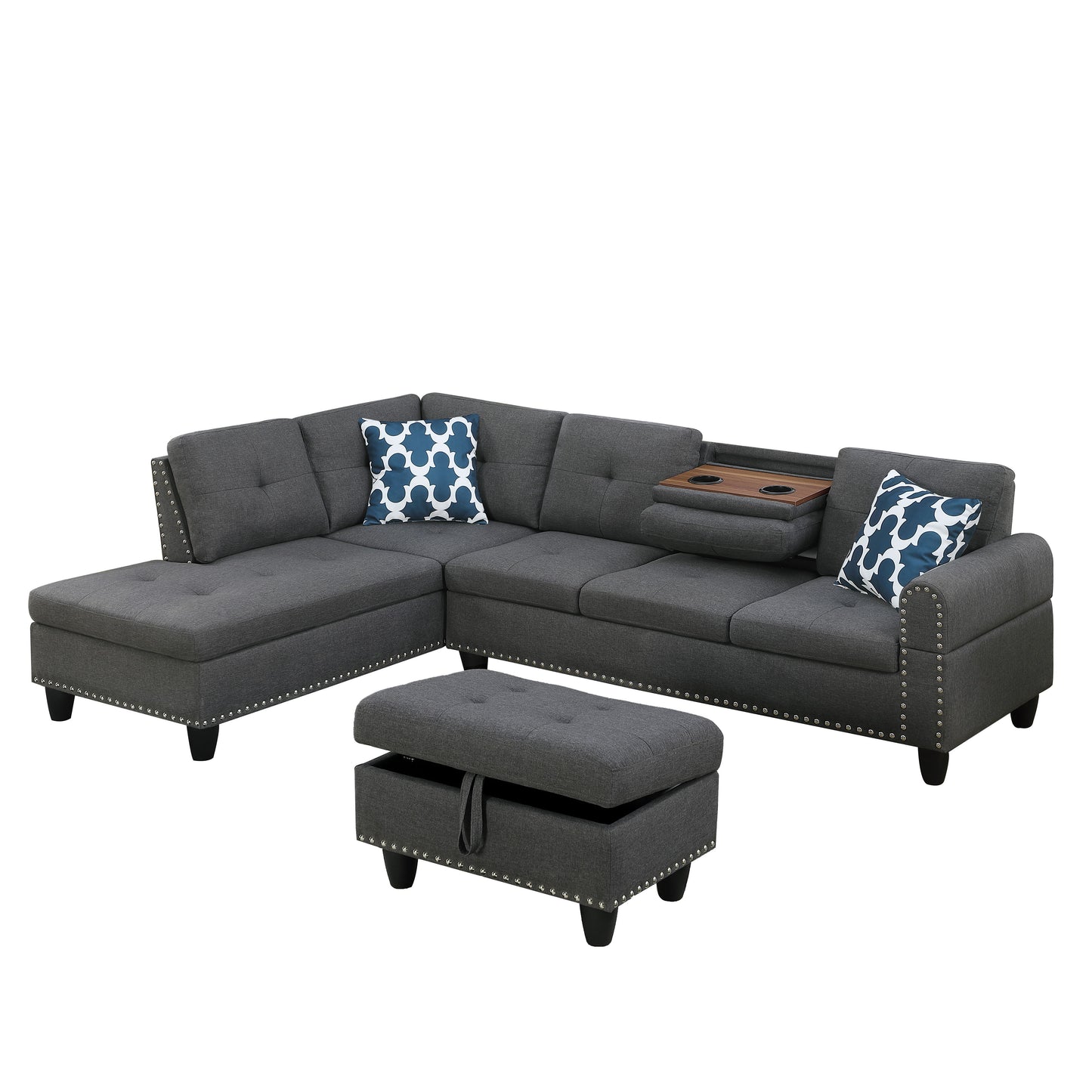 Alger - 98" Wide Left Hand Facing Sofa & Chaise With Ottoman - Dark Gray