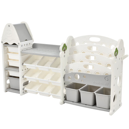 Kids Bookshelf Toy Storage Organizer With 17 Bins And 5 Bookshelves, Multi-Functional Nursery Organizer Kids Furniture Set Toy Storage Cabinet Unit With HDPE SheLF And Bins - Gray