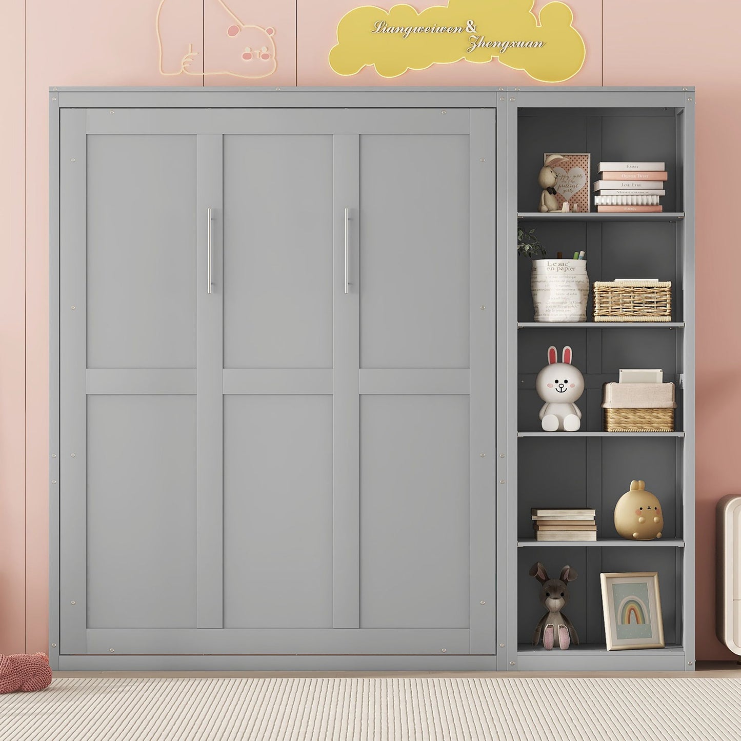 Full Size Murphy Wall Bed With Shelves - Gray