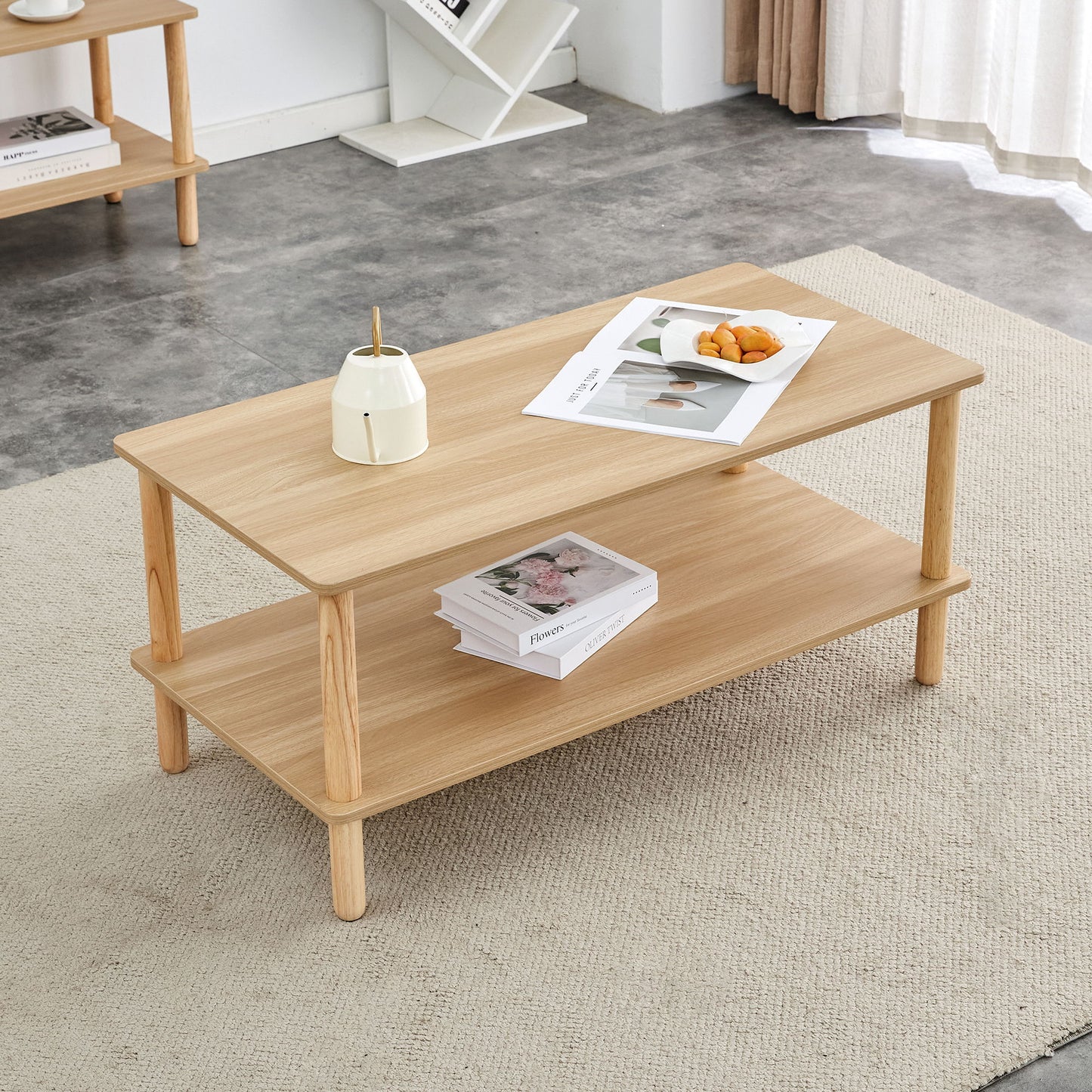 Modern 2 Tier Coffee Table For Living Room Furniture, Rectangular Center Table With Open Storage Shelf, Rounded Rubberwood Legs, Stable And Durable - Burly Wood