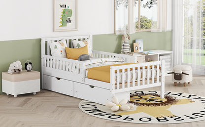 Twin Size Platform Bed With Guardrails On Both Sides And 2 Storage Drawers - White