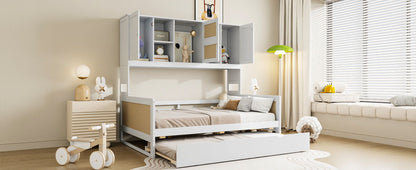 Full Size Wooden Daybed & Twin Size Trundle, And All In One Cabinet And Shelf - White