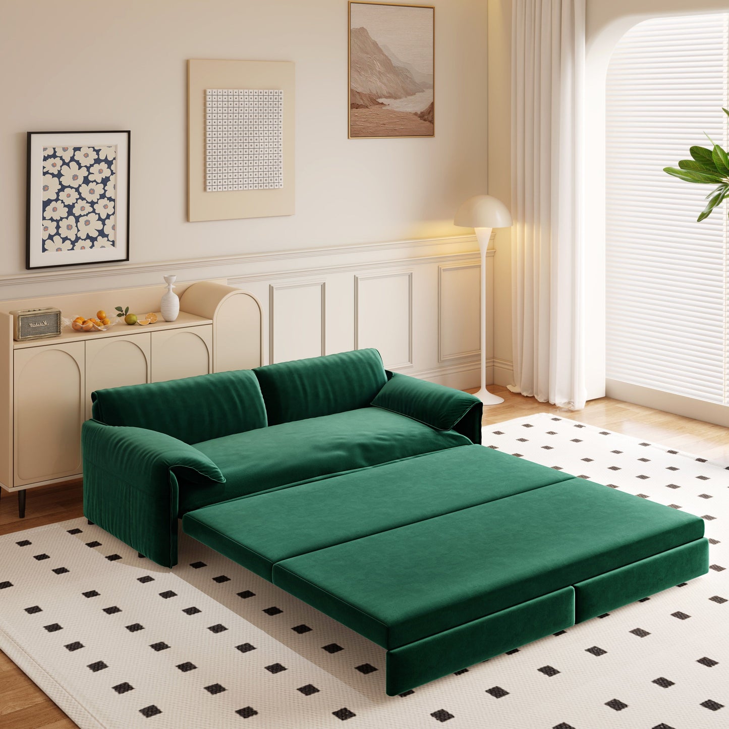 Queen Pull Out Sofa Bed, 3 In 1 Convertible Sleeper Sofa With Side Storage Multifunctional Velvet Loveseat Bed For Living Room - Green
