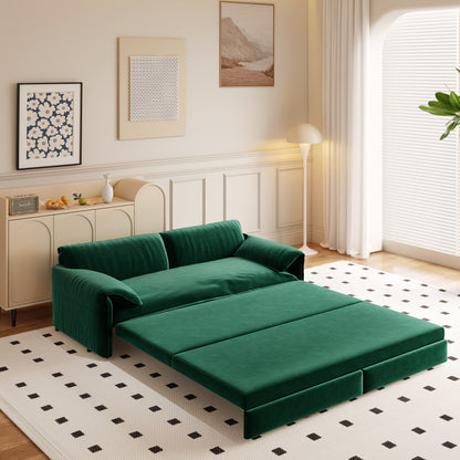 Queen Pull Out Sofa Bed, 3 In 1 Convertible Sleeper Sofa With Side Storage Multifunctional Velvet Loveseat Bed For Living Room - Green