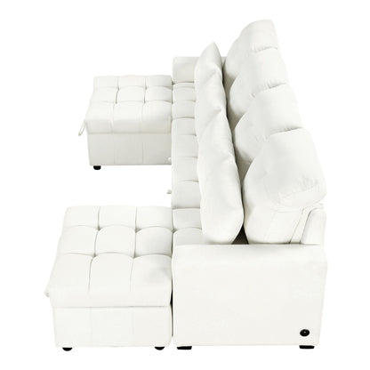 Oversized U - Shaped Sofa Versatile Sectional Sofa Pull Out Sofa Bed With Double Storage Chaise Lounges And 2 USB Ports For Living Room - Beige