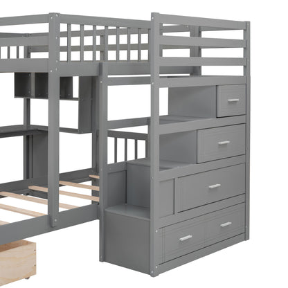 Full Over Twin Bunk Bed With Desk, Drawers And Shelves - Gray