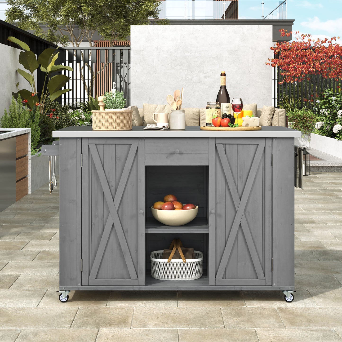 Outdoor Kitchen Island Fir Wood Kitchen Island With Stainless Steel Top, Ample Storage Space, Towel And Spice Racks And A Bottle Opener For Outdoor - Gray