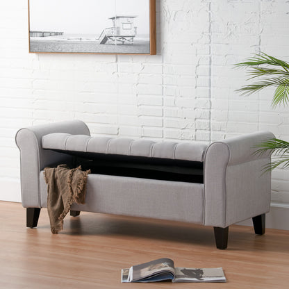 Hayes - Contemporary Armed Storage Bench With Button Tufting And Rolled Arms - Light Gray