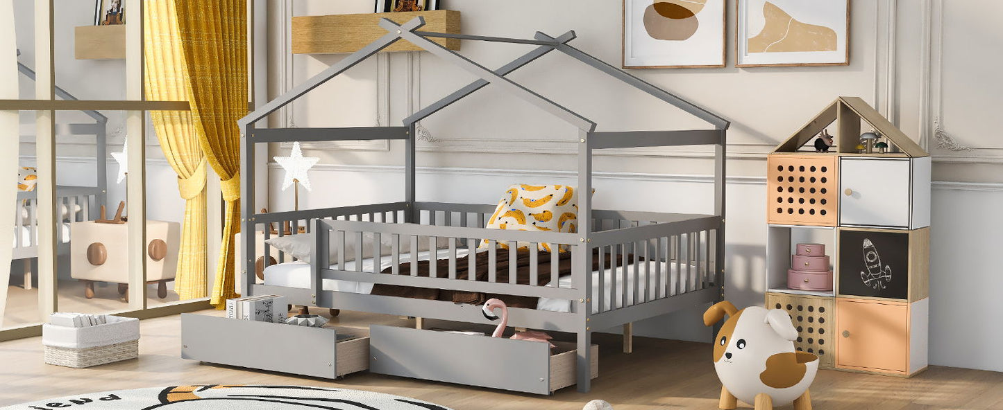 Full Size House Bed With 2 Drawers - Gray