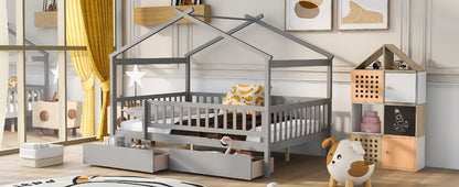 Full Size House Bed With 2 Drawers - Gray