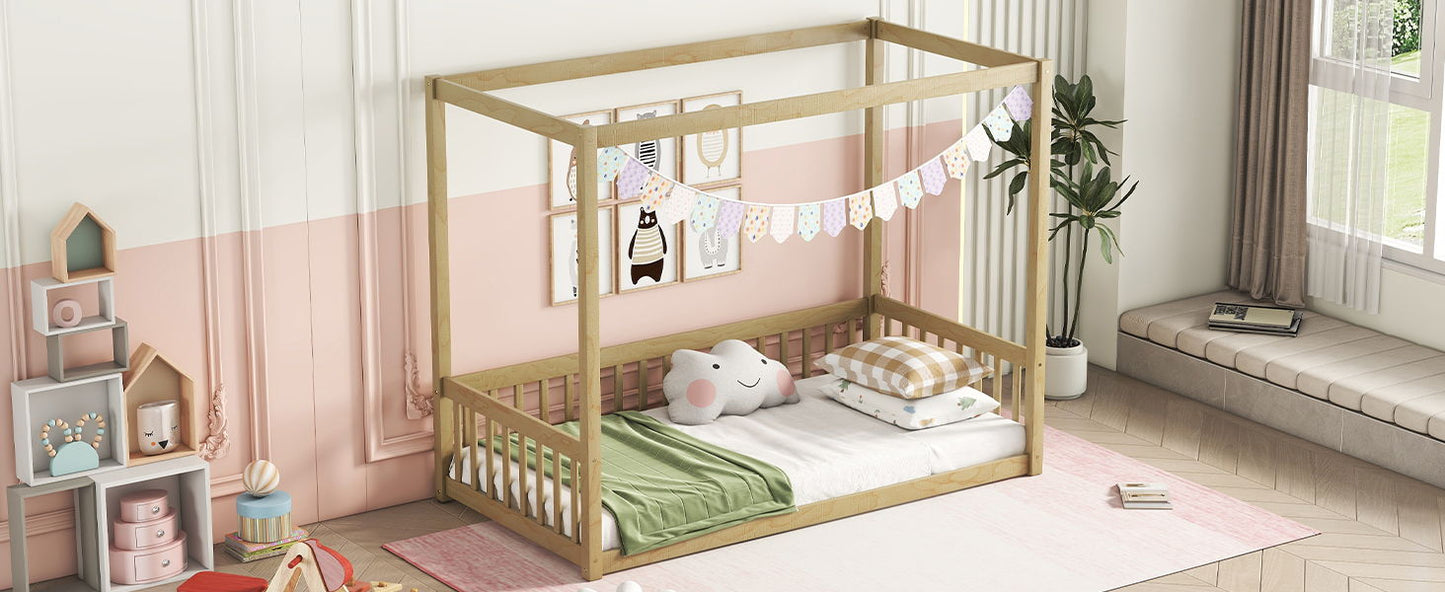 Twin Size Canopy Frame Floor Bed With Fence, Guardrails - Natural