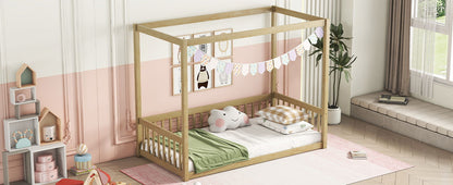 Twin Size Canopy Frame Floor Bed With Fence, Guardrails - Natural