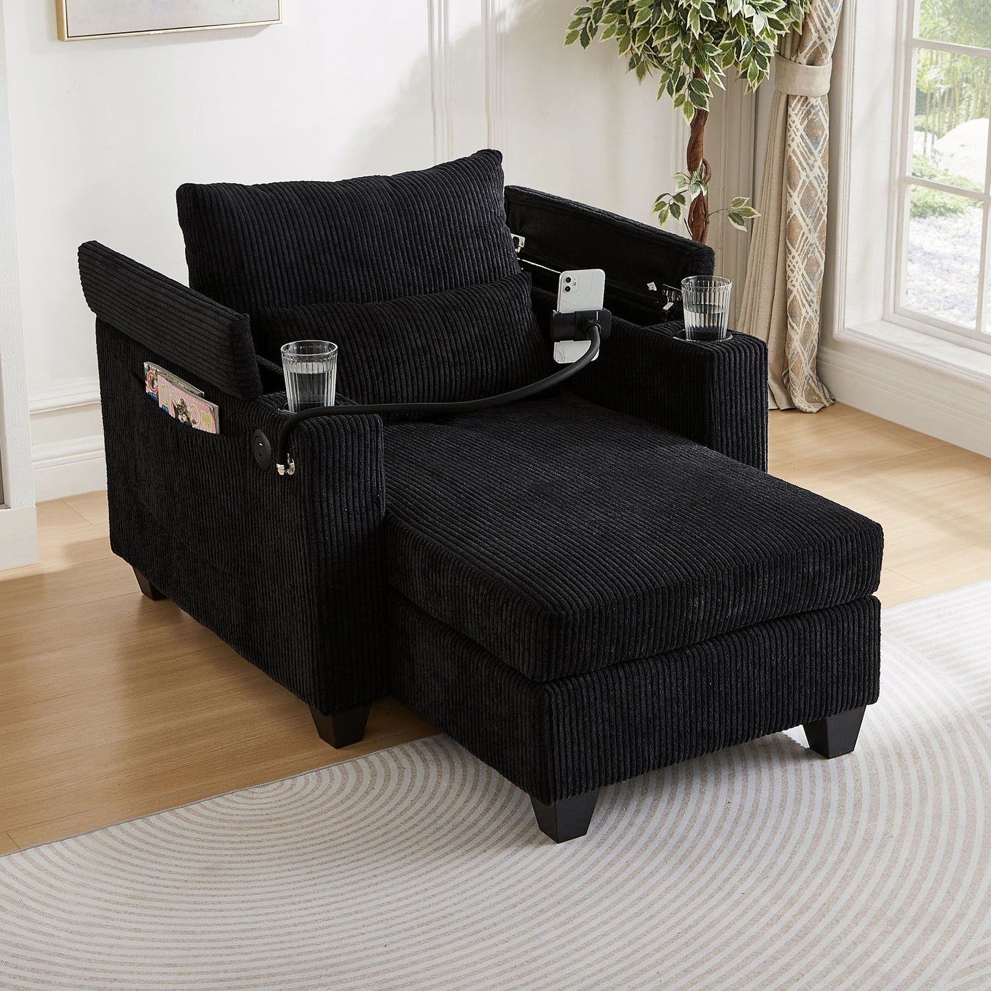 Convertible Chaise Lounge Sofa Chair Bed With USB Ports, Cup Holders & Storage - Black
