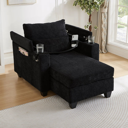 Convertible Chaise Lounge Sofa Chair Bed With USB Ports, Cup Holders & Storage - Black