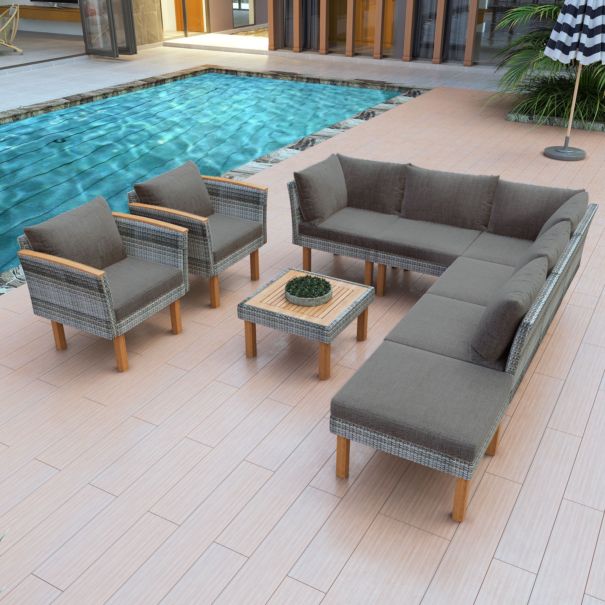 9 Piece Patio Rattan Furniture Set, Outdoor Conversation Set With Acacia Wood Legs And Tabletop, PE Rattan Sectional Sofa Set With Coffee Table, Washable Cushion - Gray