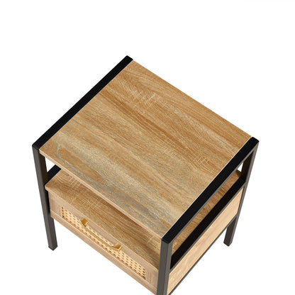 Rattan End Table With Drawer, Modern Nightstand, Metal Legs, Side Table For Living Room, Bedroom - Natural