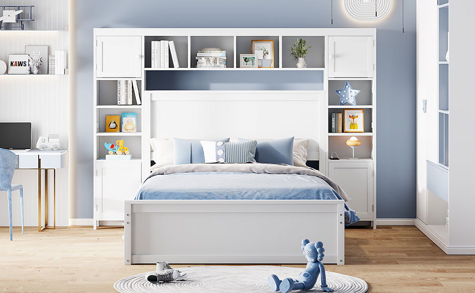 Full Size Bed With All In One Cabinet, Shelf And Sockets, Twin Size Trundle - White