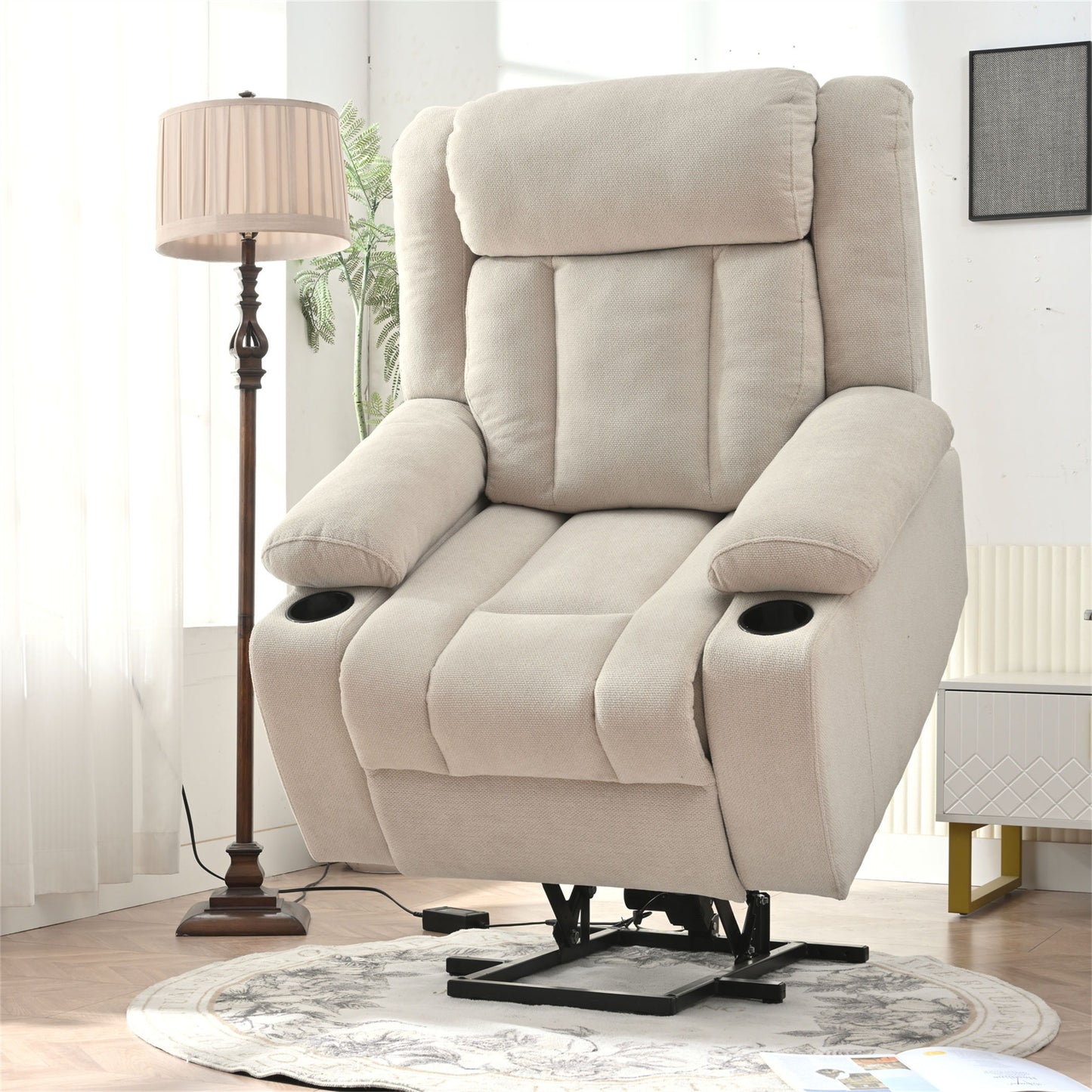 Power Lift Recliner Chair - Fabric Single Sofa With Extended Footrest, Remote Control, Cup Holders, And Side Pockets For Living Room Or Home Theater - Light Gray