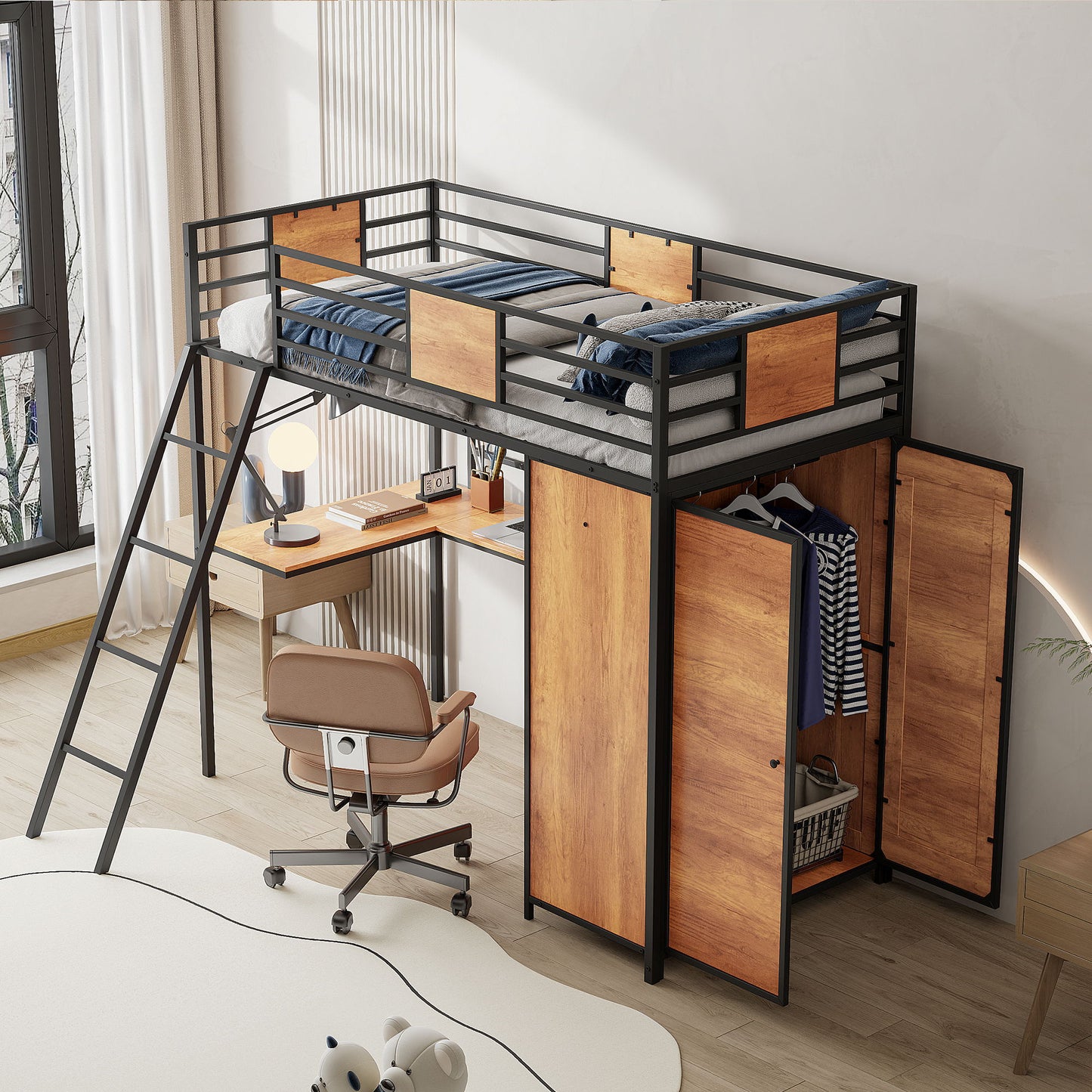 Twin Size Loft Bed With L Shape Desk And Wardrobe - Black