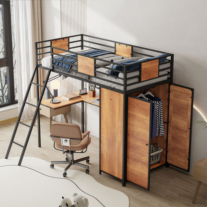 Twin Size Loft Bed With L Shape Desk And Wardrobe - Black