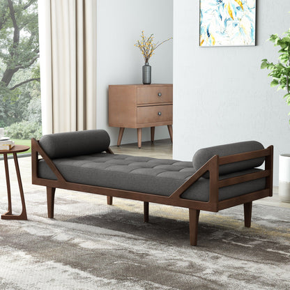 Contemporary Fabric Chaise Lounge With Button Tufted Waffle Stitching And Rolled Accent Pillows - Charcoal