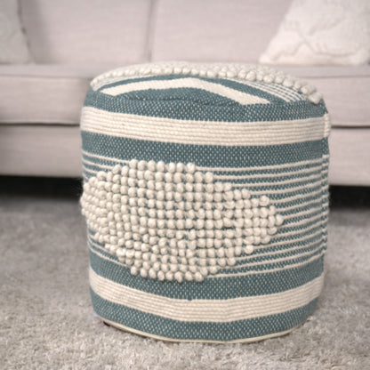 Diamond - Handcrafted Fabric Cylindrical Pouf - White / Teal
