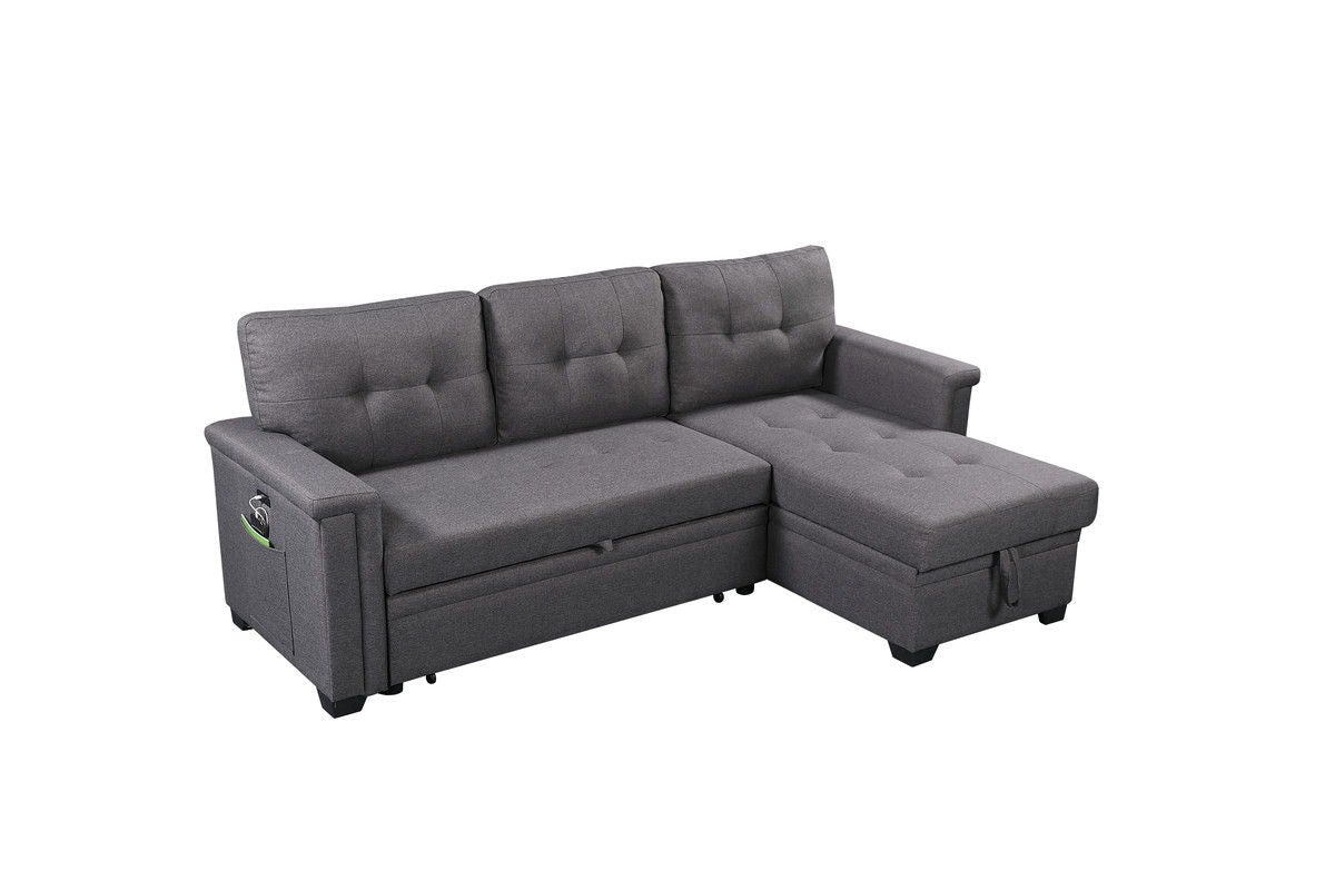 Ashlyn - Reversible Sleeper Sectional Sofa With Storage Chaise, USB Charging Ports nd Pocket - Dark Gray