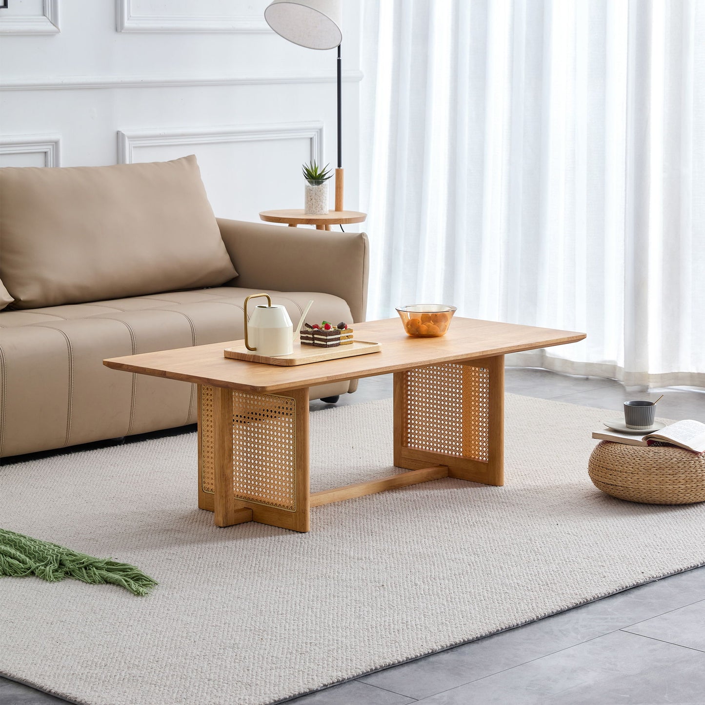 Rubber Wood And Solid Wood Coffee Table Modern Minimalist Rattan Weaving Design, Living Room Balcony, Multifunctional Small Sized Furniture - Natural