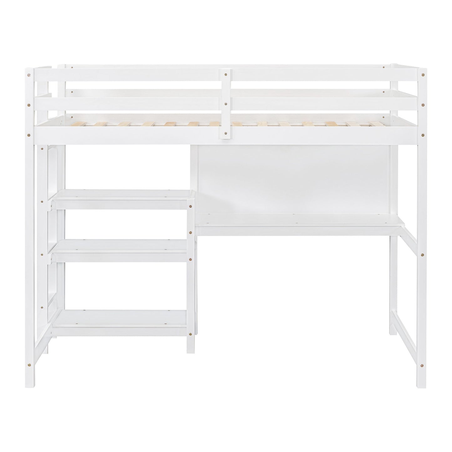 Twin Size Loft Bed With Shelves, Desk And Writing Board - White