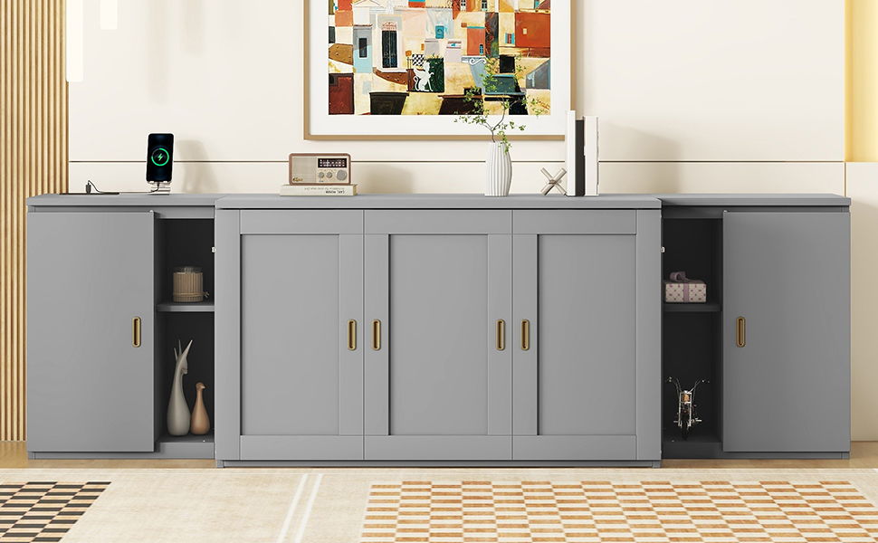 Full Size Murphy Bed With Shelves, Cabinets And USB Ports - Gray