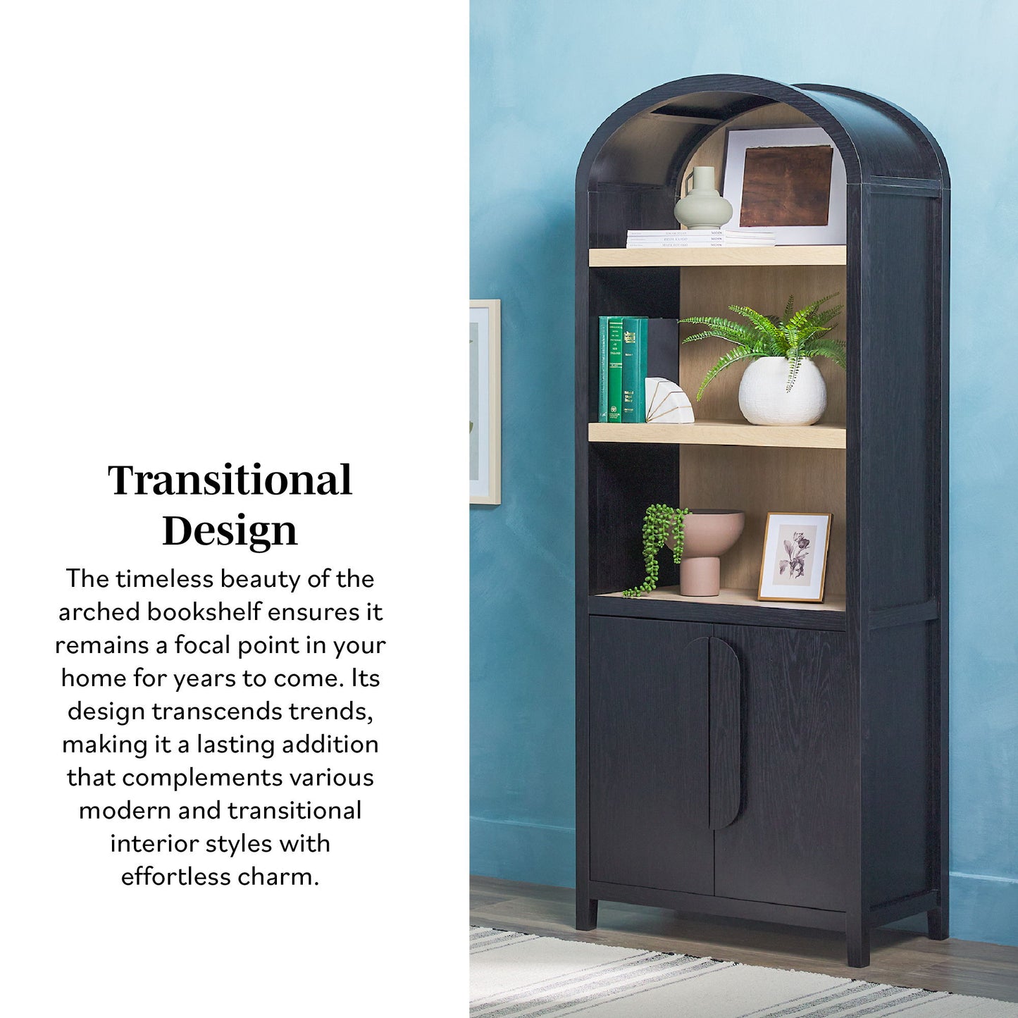 Modern 3 Shelf Open Arched Bookcase Cabinet - Black