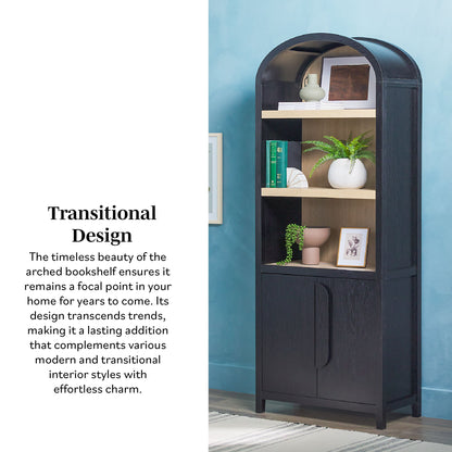 Modern 3 Shelf Open Arched Bookcase Cabinet - Black