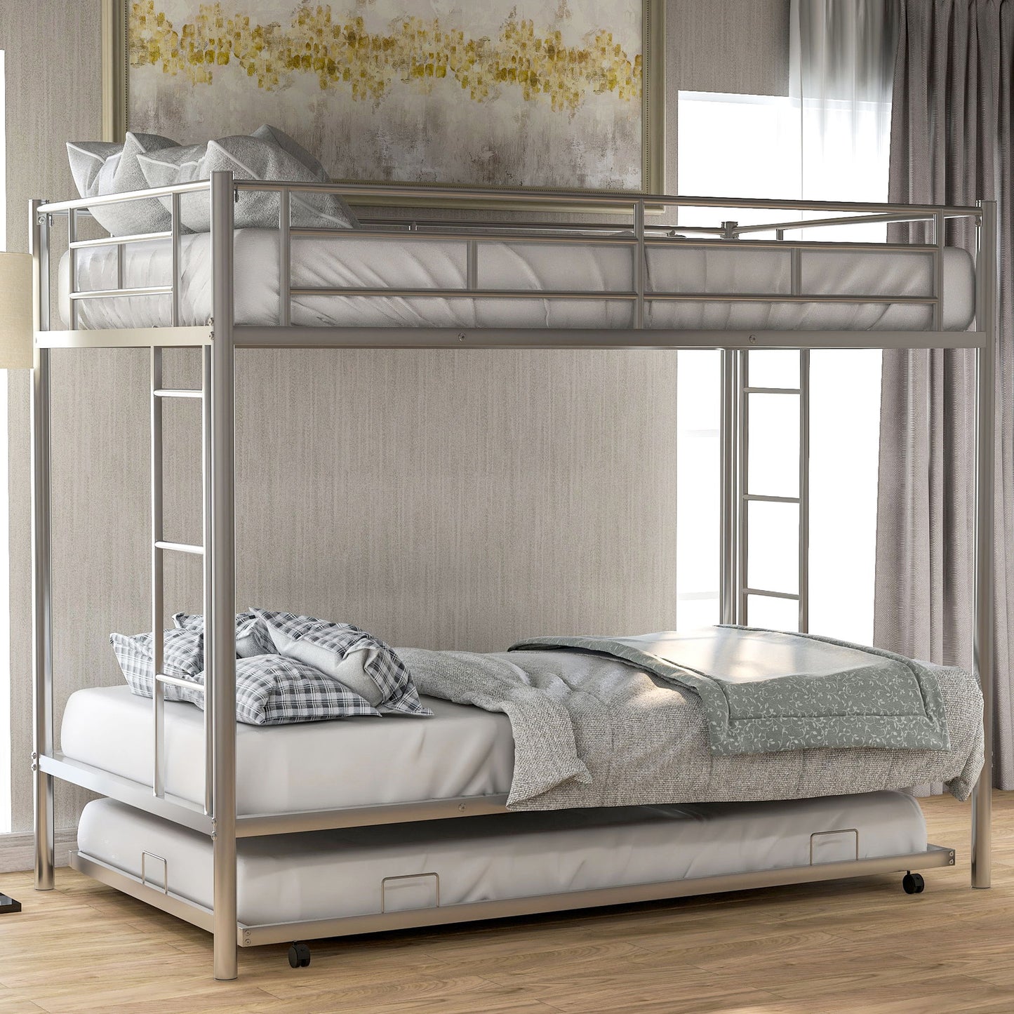 Twin Over Twin Bunk Bed With Trundle - Silver