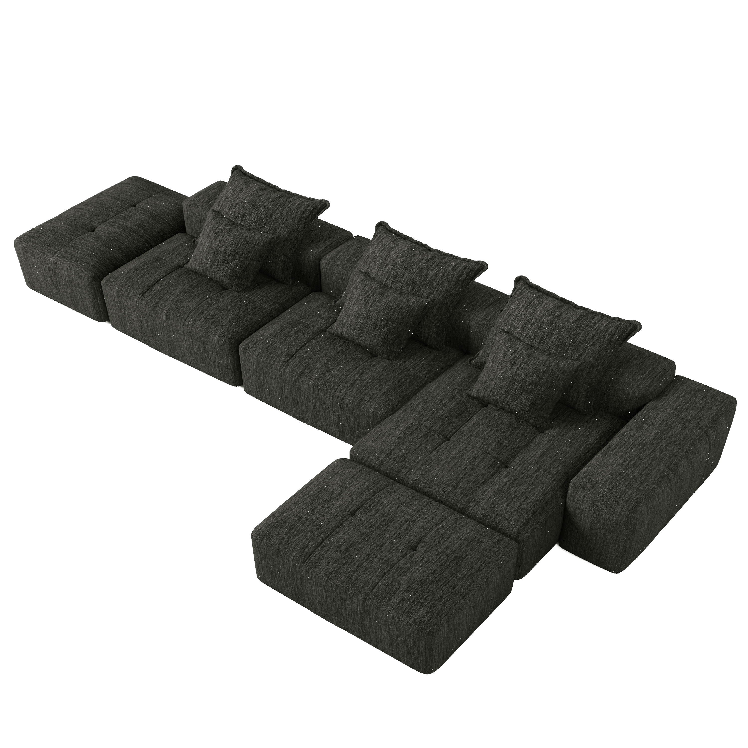 Modern Oversized Modular Sectional Sofa, Sparkling Chenille Fabric Soft Cushion Sofa With 6 Pillows, 6 Pieces Diy Combination Tufted Sofa, No Assembly Required - Black