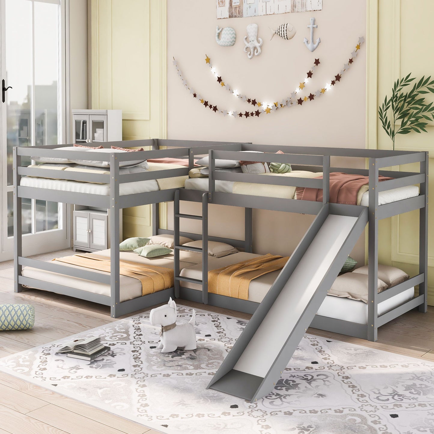 Full And Twin Size L-Shaped Bunk Bed With Slide And Short Ladder - Gray