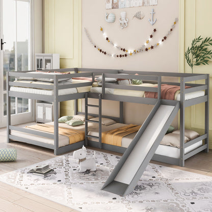 Full And Twin Size L-Shaped Bunk Bed With Slide And Short Ladder - Gray