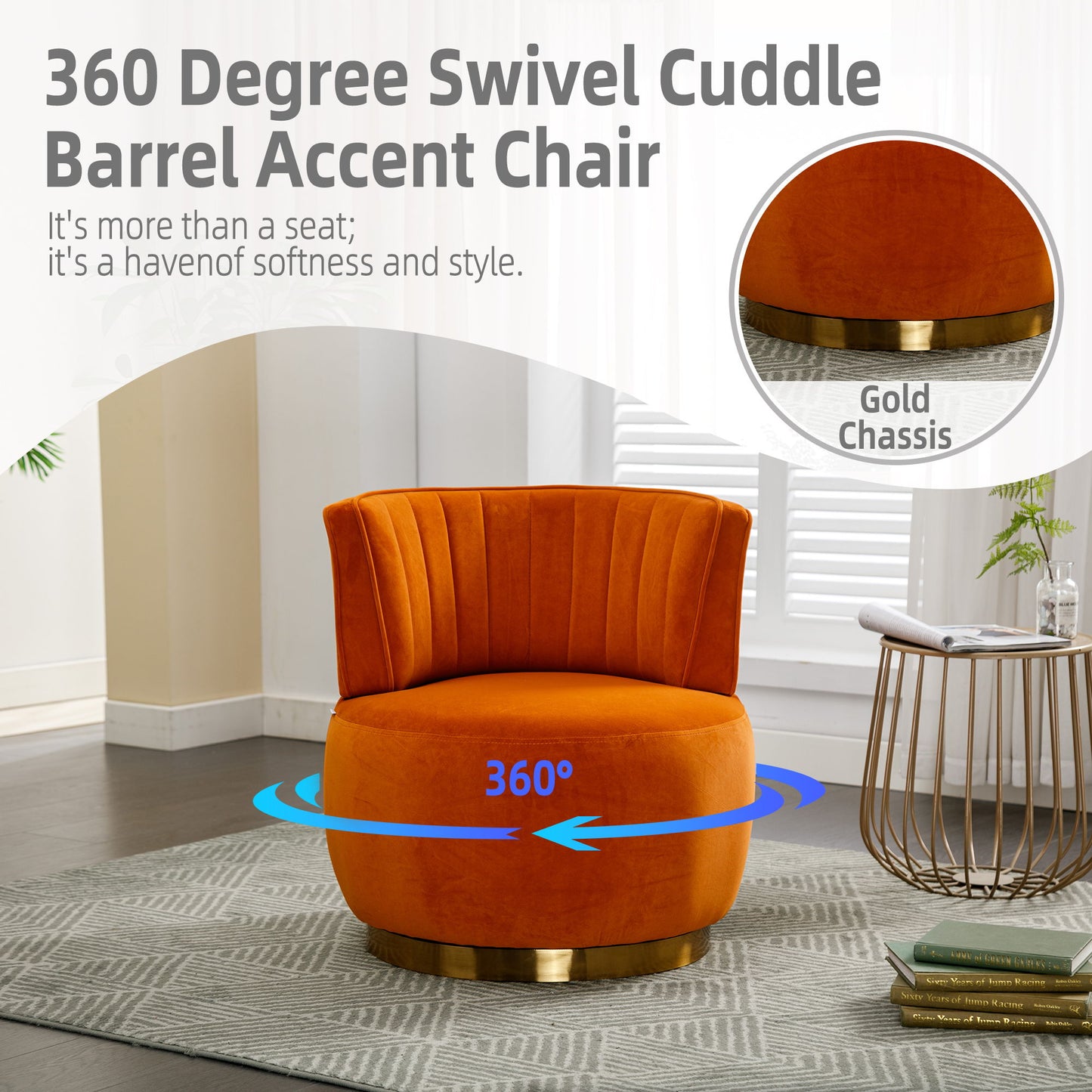 360 Degree Swivel Cuddle Barrel Accent Sofa Chair, Fluffy Round Armchair - Orange